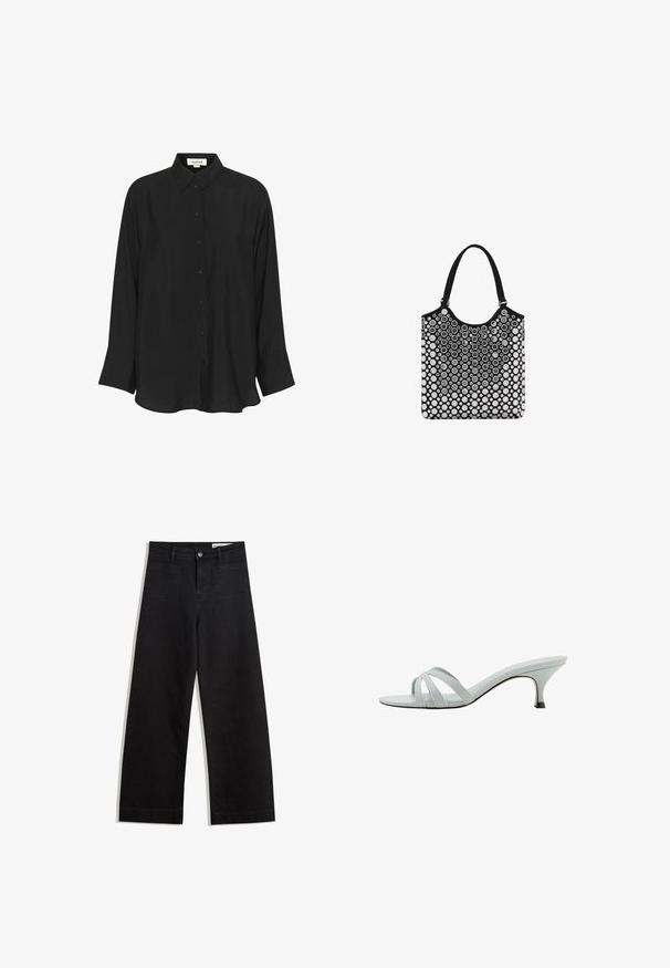 Maglietta nera a maniche lunghe realizzata in tessuto leggero, con colletto a punta, chiusura con bottoni e polsini leggermente svasati. Texture liscia.; Pantaloni in denim neri a gamba larga con vita alta, dotati di tasche anteriori e posteriori, cuciture a punto, e chiusura con bottone. Texture liscia.; Sandali con tacco di colore grigio chiaro, dotati di tre cinturini incrociati, una silhouette sottile e un tacco affusolato. Texture liscia con una finitura leggermente lucida.; Borsa tote bianca e nera con parte superiore arrotondata, caratterizzata da un motivo a bolle, realizzata in materiale morbido e dotata di due robuste maniglie in tessuto.