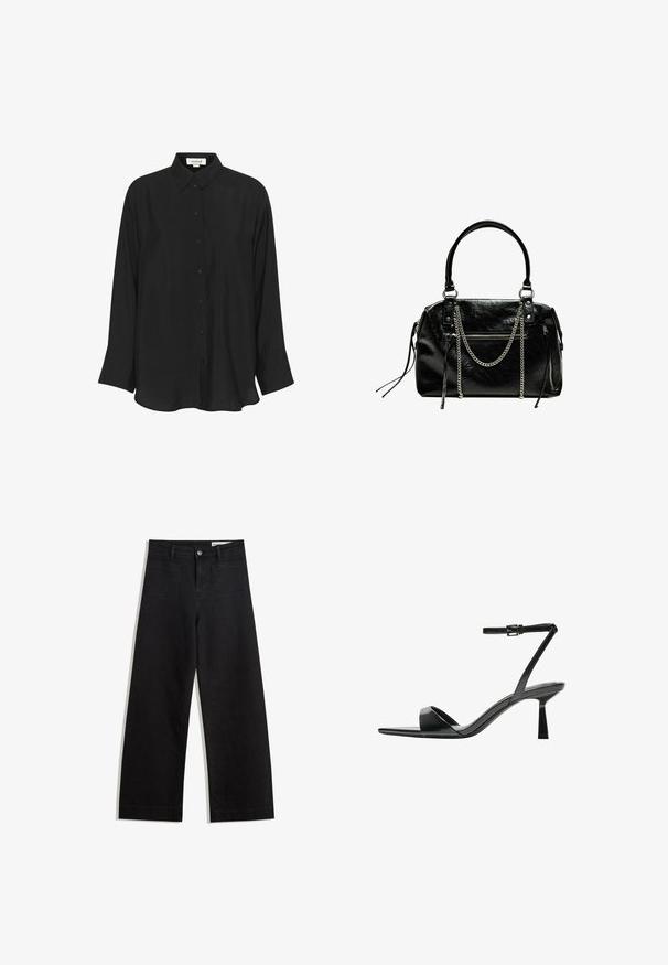 Svart långärmad skjorta i lättviktsmaterial, med spetsig krage, knappstängning fram och något utsvängda ärmslut. Slät textur.; Svarta vida denimbyxor med hög midja, med fram- och bakfickor, sydda sömmar och knappstängning. Slät textur.; Bershka Sandaletter - black; Bershka WITH CHAIN - Handväska - black