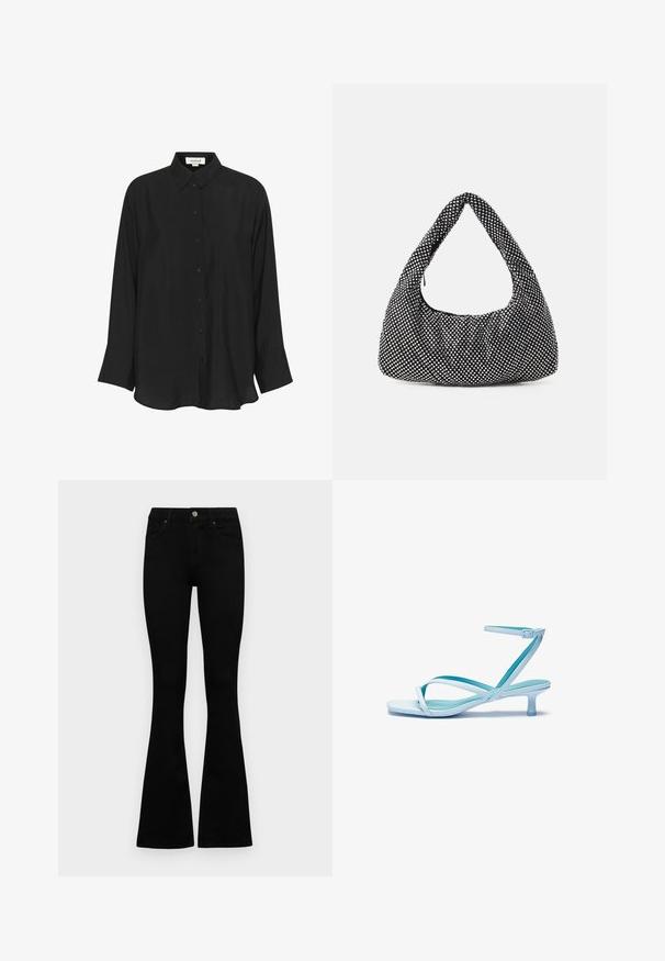 Melnā, garām piedurknēm, krekls, izgatavots no viegla auduma, ar norādītu apkakli, pogu aizdari un nedaudz izpletu piedurkņu galiem. Atsperīga tekstūra.; Melni augsta jostas šorti ar pogu un rāvējslēdzēju, priekšējām kabatām un izplestām kājām, nolikti uz balta fona.; Gaiši zila sandale ar siksnām, kvadrātveida purngalu, zemu papēdi, regulējamu potītes siksnu un gludu, spīdīgu apdari. Siksnas krustojumā uz zolītes.; Melna soma ar izliekta, hobo formas dizainu, teksturēta auduma ar sudraba kniedēm. Viena augšējā roktura, rāvējslēdzēja aizdare un maiga silueta.