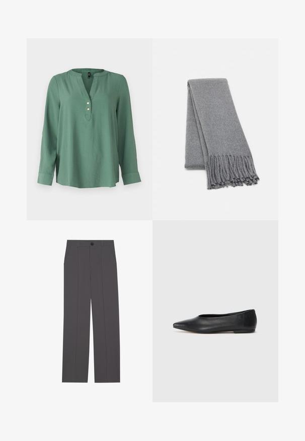 Groene blouse met lange mouwen en een V-halslijn, drie gouden knopen aan de voorkant en een licht gebogen zoom. Soepel, zacht materiaal.; Grijze broek met een recht model, voorzien van twee zijzakken en een knoopsluiting. Gladde stof zonder zichtbare patronen of accenten.; Zwarte leren balletflat, puntige neus, minimalistisch design, gladde textuur, lage hak, geen zichtbaar beslag of versieringen.; Grijze wollen sjaal met een zachte textuur, voorzien van franjes aan de randen en een eenvoudig ontwerp. Netjes gevouwen, waarmee de verlengde vorm wordt getoond.