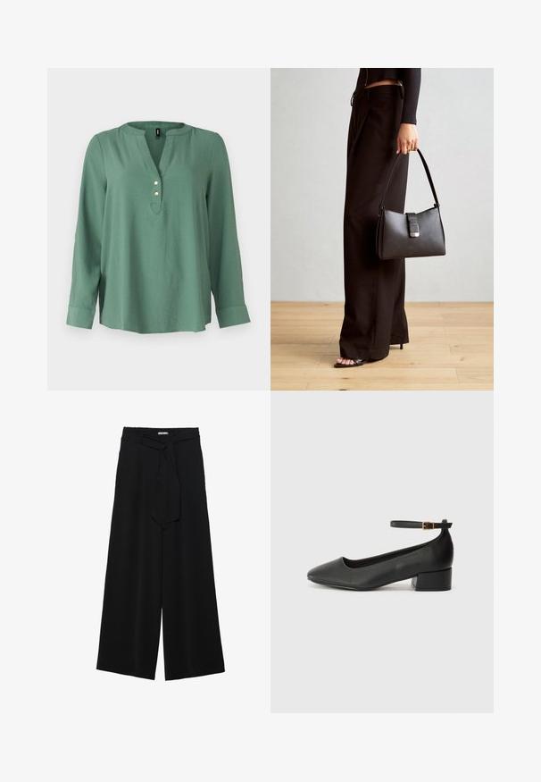 Blusa lunga verde con maniche a lunghezza intera e scollatura a V, tre bottoni dorati davanti e orlo leggermente curvo. Tessuto liscio e morbido.; Pantaloni neri a gamba larga caratterizzati da un tessuto testurizzato, una vita elastica e una cintura staccabile per una vestibilità regolabile.; Pump in pelle nera con punta affusolata e tacco basso a blocco. Presenta una cinghia alla caviglia con una fibbia in tonalità oro. Texture liscia.; Borsa nera con forma strutturata, texture liscia e una chiusura metallica. Abbinata a pantaloni neri larghi e sandali open-toe su un pavimento in legno.