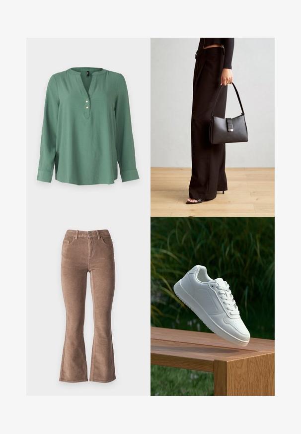 Blusa lunga verde con maniche a lunghezza intera e scollatura a V, tre bottoni dorati davanti e orlo leggermente curvo. Tessuto liscio e morbido.; Pantaloni a zampa d'elefante in corduroy marrone con una texture a coste, dotati di vita alta, cinque tasche e chiusura con bottone frontale.; Sneaker bianco con tomaia in sintetico liscio, punta perforata, lacci piatti e suola testurizzata, esposto su una superficie di legno.; Borsa nera con forma strutturata, texture liscia e una chiusura metallica. Abbinata a pantaloni neri larghi e sandali open-toe su un pavimento in legno.