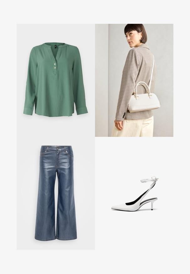 Zelená blůza s dlouhým rukávem a V-výstřihem, tři zlaté knoflíky vpředu a mírně zakřivený spodní lem. Hladká, měkká látka.; Džíny s širokými nohavicemi v tmavě modré barvě, s hladkou texturou, designem s pěti kapsami a kontrastním prošíváním. Zapínání na přední knoflík a zip.; Bílé lodičky s špičatou špičkou a s otevřenou patou, opatřené tenkým páskem kolem kotníku. Hladký kožený materiál, tenký jehlový podpatek a černé vnitřní podšívka.; Bílá strukturovaná kabelka s krátkými uchy a ramenním popruhem, zdobená zlatými kovovými prvky a texturovaným materiálem, vystavená na šedém pozadí.