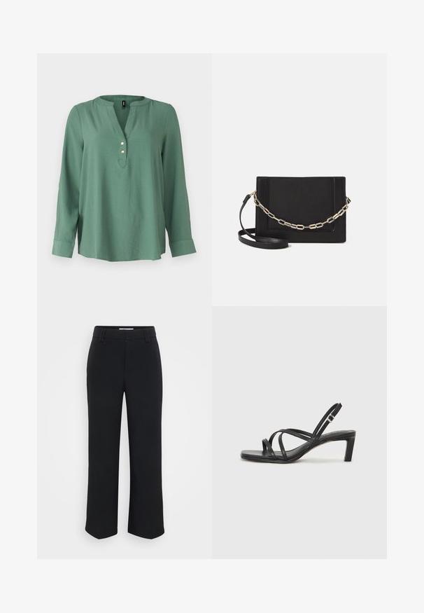 Zöld, hosszú ujjú blúz V-kivágással, elöl három arany gombbal és enyhén ívelt szegéllyel. Sima, puha anyag.; Fekete, bő szabású nadrág sima textúrával, lapos derékrésszel és oldalsó zsebekkel, minimalista esztétikával tervezve.; Fekete pántos szandál négyzetes orral és alacsony blokk sarkal. Több vékony pánttal és állítható boka pánttal rendelkezik. Sima bőrből készült.; Fekete bőr keresztpántos táska, sima textúrával, téglalap alakú és fém lánc részlettel az elején. Állítható pánttal ellátva.
