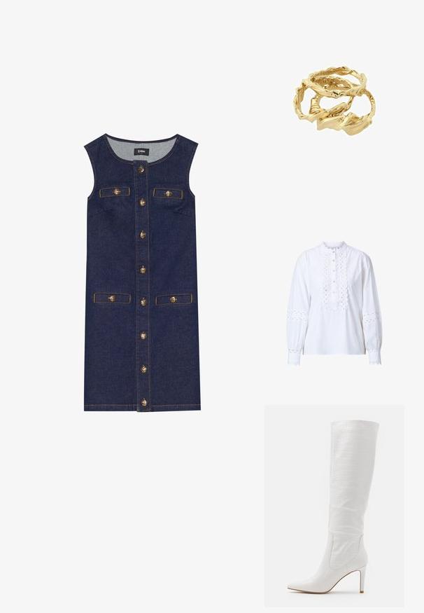 Biela blúzka s dlhým rukávom a volánovým golierom a zapínaním. Obsahuje prepracované výrezy na rukávoch a prednej časti a zapínanie na gombíky.; Džínové šaty bez rukávov, tmavomodrej farby, s predným zapínaním na gombíky a dvoma vreckami. Zlatej farby gombíky a akcenty šitia.; RAID TRIBUTE - Topánky na vysokom opätku - white; Zlaté točené prsteny navrstvené spolu, s textúrovaným dizajnom a hladkými, zaoblenými hranami, vytvárajúcimi organický a plynulý vzhľad.