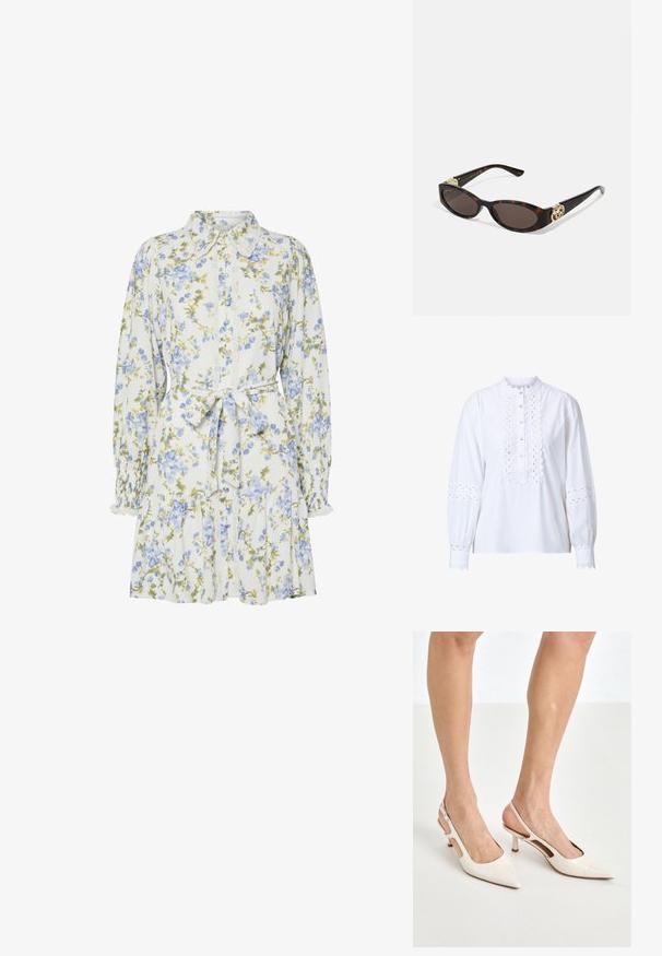 Hvid langærmet bluse med bølget krave og stolpe. Har detaljerede udskæringer på ærmerne og fronten samt knaplukninger.; Blomsterkjole i hvid med blå og grønne blomster, med krave, knaplukning foran, lange ærmer med elastiske manchetter og et bånd i taljen.; Beige patenterede læder slingback hæle med spids tå og 5 cm hæl, med udskårne sider og en tynd ankelrem.; Skildpaddemønster solbriller med aflange ovale linser, brun farve, guldlogo accenter på stængerne og slanke sorte arme.; Beige mønsteret taske med en buet form, læderdetaljer og et guldtonet logo på fronten. Har et kort håndtag for nem bæring.; Perle- og krystalhalskæde med et rundt, perlekantet design i lyse nuancer, der præsenterer skiftevis perler og glitrende detaljer, båret om halsen.