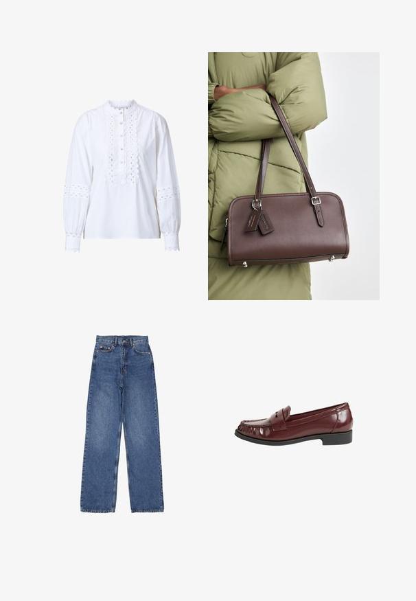 Bílá blůza s dlouhým rukávem, vybavená vroubkovaným límečkem a légu. Obsahuje složité vyřezávané detaily na rukávech a přední části, a zapínání na knoflíky.; Džíny z denimu s vysokým pasem a širokými nohavicemi, v klasickém modrém praní, s viditelným prošíváním a kovovými prvky na přední kapse.; Burgundské lakované kožené mokasíny s prošívanou kulatou špičkou a malým dekoračním páskem. Nízký černý gumový podpatek. Hladký povrch.; Hnědá kožená kabelka obdélníkového tvaru, s odnímatelným popruhem a stříbrnými akcenty. Obsahuje dvě visačky připevněné k rukojeti.