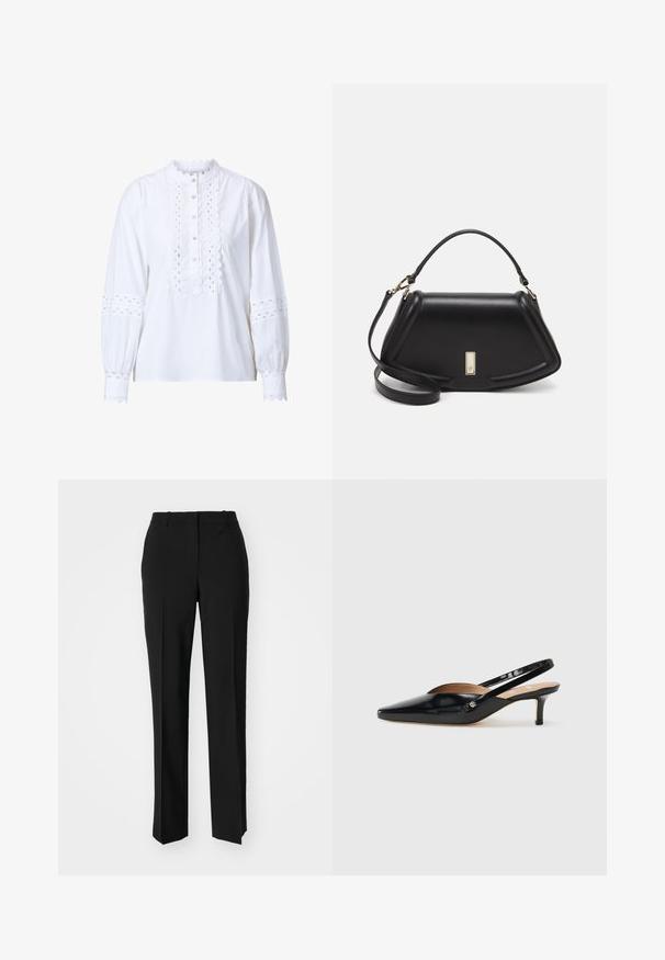 White long-sleeve blouse with scalloped collar and placket. Features intricate cut-out detailing on sleeves and front, and button closures.; Black tailored trousers with a straight-leg design, featuring a smooth texture and crisp creases along the front. No visible hardware.; Black patent leather slingback pump with a pointed toe, small heel, and a cutout design on the vamp. Gold-tone hardware accent on the side.; Black leather handbag with a structured design, featuring a cropped shape, top handle, and gold hardware accent. Adjustable shoulder strap included.