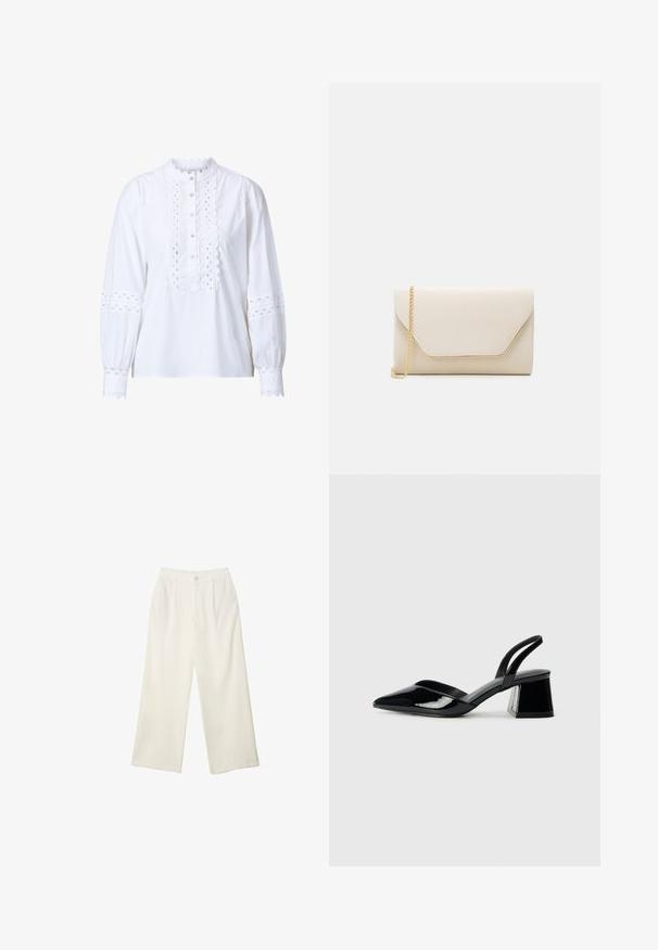 Weiße Bluse mit langen Ärmeln, einer gewellten Kragen und einer Knopfleiste. Verfügt über aufwendige Ausschnitten an den Ärmeln und vorne sowie über Knopfverschlüsse.; Helle Stoffhose mit weitem Bein und glatter Textur, ausgestattet mit einem einzelnen Knopf vorne, dezenten Falten und einem Hochbund-Design.; Schwarze Lackleder-Slingback-High Heels mit spitzem Schuh und einem geometrischen Blockabsatz. Verfügt über ein schlankes, minimalistisches Design und eine glatte Textur.; Beige Clutchbag mit glatter Textur, goldener Kettenriemen und einer Umschlagklappe im Stil eines Briefumschlags mit einem kontrastierenden goldenen Rand.
