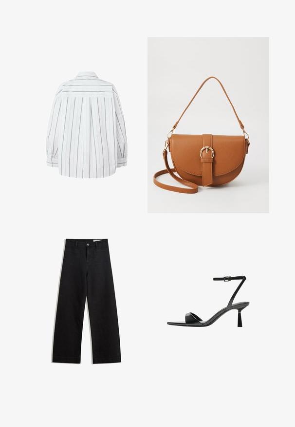 White striped shirt featuring vertical gray stripes, long sleeves, a back yoke, and buttoned cuffs. Smooth texture, classic collar design.; Black wide-leg denim pants with a high waist, featuring front and back pockets, stitched seams, and a button closure. Smooth texture.; Bershka High heeled sandals - black; Brown leather crossbody bag with a curved shape, gold hardware, and a buckle accent. Features a detachable shoulder strap.
