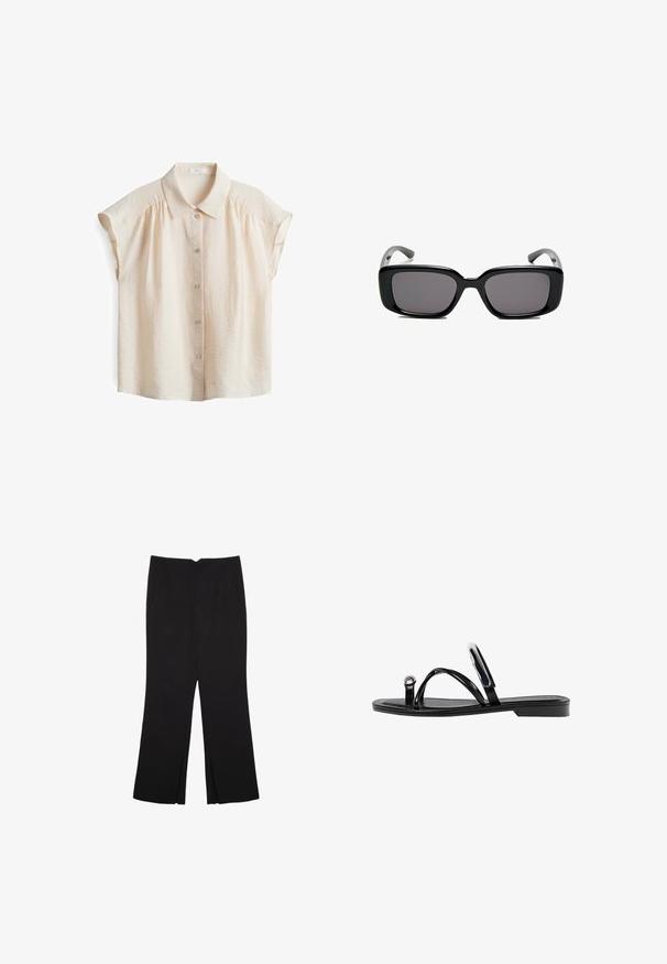 Light beige short-sleeve blouse with a button-down front, soft textured fabric, and a classic collar featuring subtle gathering at shoulders.; Black trousers with a straight fit, featuring front pockets and side slits at the hem. Made of soft, smooth fabric. Suitable for various occasions.; Black flat sandals featuring a glossy finish, three thin straps, and a circular hardware detail at the toe. Sleek design with a minimal heel.; Black rectangular sunglasses with dark lenses, smooth plastic frame, and curved temples. The design is chunky with a minimalist aesthetic.