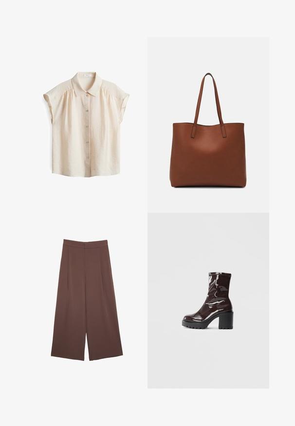Blusa corta a maniche corte di un beige chiaro con bottoni frontali, in tessuto morbido e testurizzato, e colletto classico con delicate rientranze sulle spalle.; Pantaloni ampi marroni con una texture liscia, caratterizzati da una vita alta e pieghe frontali. Il tessuto è leggero e scorre liberamente.; Stivale alla caviglia bordeaux lucido con un tacco spesso nero, caratterizzato da una superficie liscia e un design semplice. Nessuna chiusura visibile o motivo.; Borsa tote in pelle marrone con texture liscia, design con apertura superiore e due spallacci. Presenta cuciture minime e nessun hardware visibile.