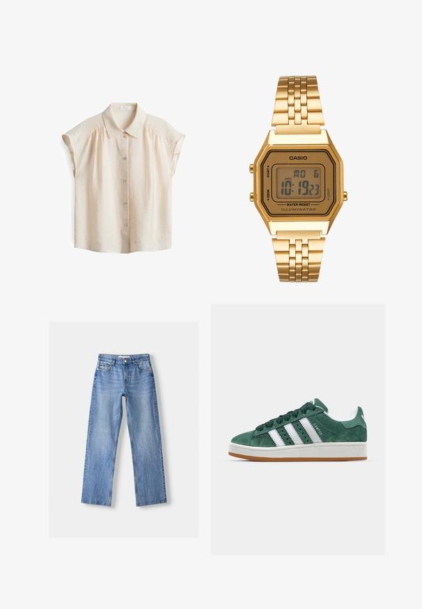 Helle beige Bluse mit kurzen Ärmeln, Knopfleiste, weichem Textilmaterial und klassischem Kragen mit dezenten Raffungen an den Schultern.; Hellblaue Denim-Jeans mit geradem Bein, fünf Taschen, Knopfverschluss vorne und subtilen Verwaschungen für Textur.; Grüne Wildleder-Sneaker mit weißen Lederstreifen, Gummisohle, gepolsterter Kragen und minimalistischem Design. Mit Branding an der Seite.; Goldene Digitaluhr mit quadratischem Ziffernblatt, LCD-Display, Edelstahlarmband und Tasten an der Seite. Verfügt über eine wasserdichte Kennzeichnung.