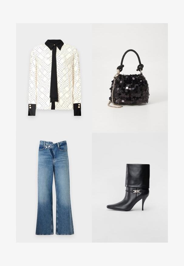 Pikend käised blousee ivori värviga musta geomeetrilise mustriga, kontrastse musta krae ja manšettidega, ning musta lipsu detailsus. Kuldse nupukesed manšetidel.; Heledad sinise denimi laienevad teksad kõrge vöökohaga, millel on kaks nööpi ja eesnahk. Kangas on tuhm tekstuuriga, kus on kergeid varieeruvaid toone.; Mustad nahast pahkluu saapad terava nina, kõrge stilettokanna, volditud äärega ja kuldse dekoratiivse pandlaga pahkluul.; Must have mustrõngus mustal sädelev mini käekotil on sõlme tekstuuriga rihm ja hõbedane ketis. Ümar kuju, kokku kogutud ülaosa ja peegeldav detail.