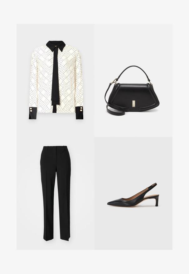 Blusa a maniche lunghe di colore avorio con stampa geometrica nera, colletto e polsini neri a contrasto, e un dettaglio a cravatta nera. Dettagli con bottoni dorati sui polsini.; Pantaloni neri su misura con un design a gamba dritta, caratterizzati da una texture liscia e pieghe ben definite sul davanti. Senza hardware visibile.; Pump slingback in pelle nera con punta appuntita, tacco basso e texture liscia. Presenta una sottile cinghia regolabile per una vestibilità sicura.; Borsa a mano in pelle nera con un design strutturato, caratterizzata da una forma corta, manico superiore e accessori in metallo dorato. Inclusa tracolla regolabile.