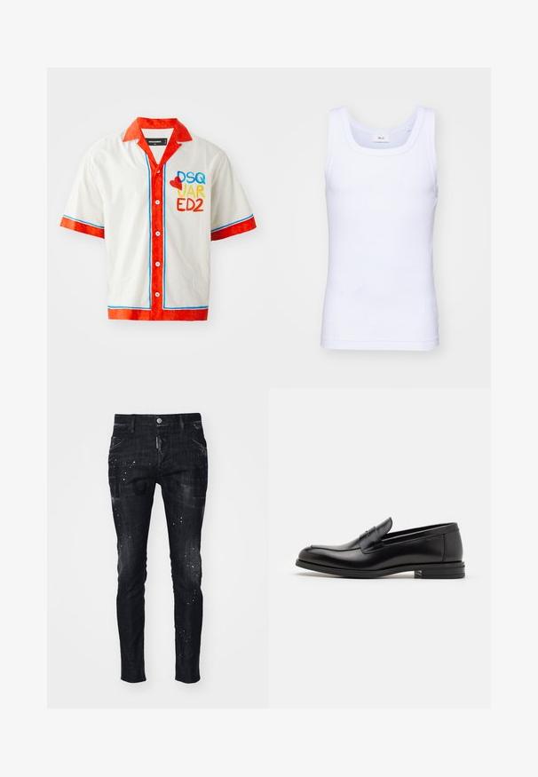 Camisa de manga curta em algodão branco com colarinho e punhos vermelhos. Apresenta detalhes em azul e vermelho, e o logótipo multicolorido "DSQ JAR ED2" na parte da frente.; Top de algodão branco sem mangas com decote redondo, apresentando uma textura suave e um corte ajustado, projetado para uso casual.; Calças de ganga pretas de corte slim, com acabamento desgastado, padrão de salpicos e bolsos frontais. A marca é visível na frente.; Mocassins de couro preto com uma textura suave, bico arredondado e uma faixa decorativa sobre o peito do pé. Salto baixo e empilhado, design minimalista.