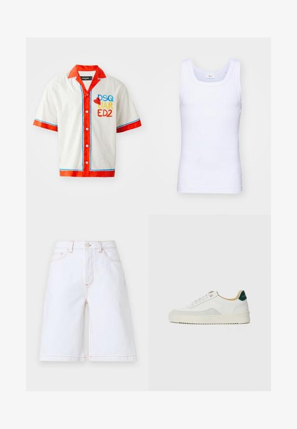 Cămașă cu mânecă scurtă din bumbac alb, cu guler și manșete roșii. Prezintă o margine albastră și roșie, precum și logo-ul multicolor "DSQ JAR ED2" pe față.; Top din bumbac alb fără mâneci, cu un decolteu rotund, având o textură netedă și o formă ajustată, conceput pentru purtarea casual.; Pantaloni scurți din denim alb, cu croială dreaptă, cinci buzunare și cusături contrastante bej. Include un nasture frontal și închidere cu fermoar.; Sneaker alb cu accente din suede, vârf rotund, șireturi plate și o talpă din cauciuc crem. Are un logo verde pe călcâie.