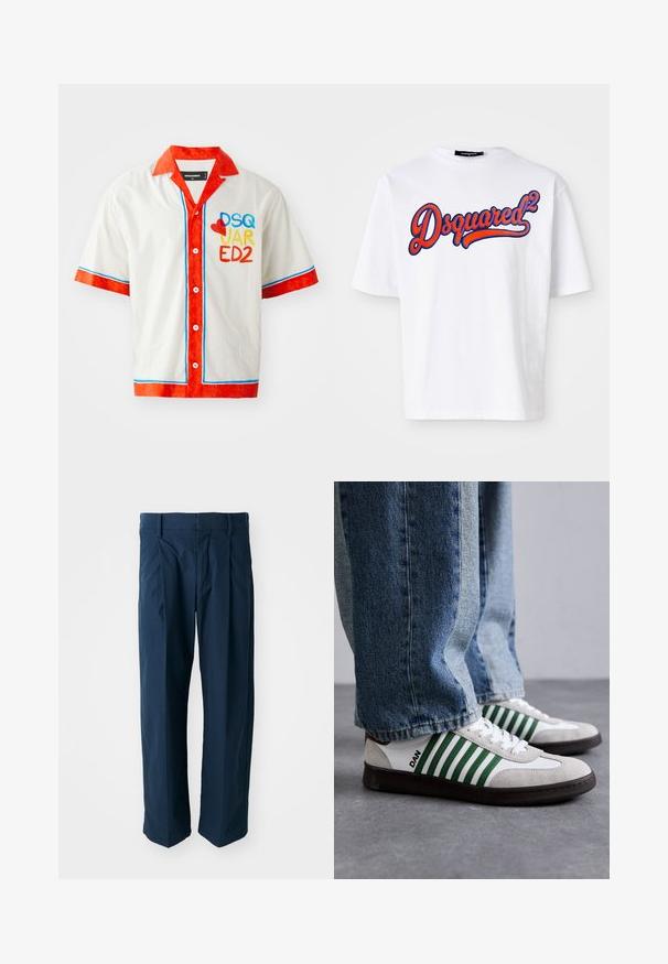 Short-sleeve shirt in white cotton with red collar and cuffs. Features blue and red trim, and multicolored "DSQ JAR ED2" logo on front.; White cotton t-shirt with a crew neck, featuring a prominent blue and red embroidered "Dsquared²" logo on the front. Short sleeves.; Navy blue trousers made of cotton, featuring a relaxed fit, front pleats, and a flat waistband with belt loops.; White and green sneaker with suede and leather materials, featuring green stripes, white laces, and a rubber sole. Styled with blue jeans.