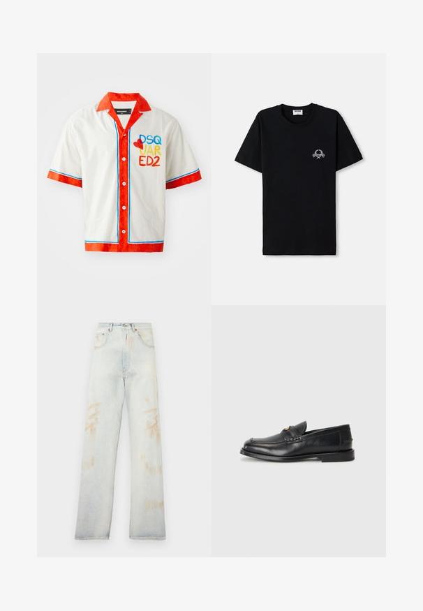 Camicia a maniche corte in cotone bianco con colletto e polsini rossi. Presenta rifiniture blu e rosse, e un logo multicolore "DSQ JAR ED2" sul davanti.; T-shirt in cotone nero con scollatura a girocollo. Presenta una piccola grafica bianca sul petto. Maniche corte e orlo dritto.; Jeans in denim azzurro chiaro con vita alta, gamba ampia e leggere scoloriture. Presentano il classico design a cinque tasche e accessori in metallo.; Mocassini in pelle nera con punta rotonda, dettagli cuciti e una piccola accentuazione dorata sul davanti. La suola è piatta e discreta.