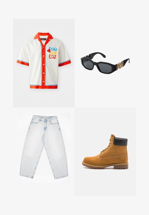 Kortærmet skjorte i hvid bomuld med rød krave og manchetter. Har blå og rød kant og et multikolor "DSQ JAR ED2" logo på forsiden.; Lys blå denimjeans med en løs, baggy pasform. Har fem lommer, knaplukning og syede detaljer. Blegede tekstur og lige ben.; Tan nubuck ankelstøvle med sort polstret krave, gyldne metaløjer, hvid syning detaljer og robust gummisål med udtalte slidbaner.; Sorte solbriller med en kraftig geometrisk ramme, mørke linser og guldmetal detaljer på stængerne med et rundt emblem.