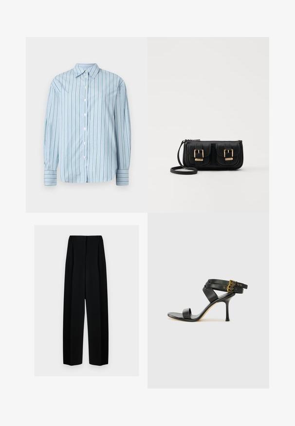 Helesin sinine pikkade varrukatega särk, millel on vertikaalsed rohelised triibud, nööpidega eesosa ja kontrastsete triibuliste mansettidega. Sile kangas, klassikaline krae disain.; Mustad laiad püksid kõrge vöökohtaga, millel on voldid ja sujuv tekstuur. Kanga välimus on kerge ja see ripub elegantselt.; Mustad mustand koos ristatud rihmade ja reguleeritava pandlaga. Omab siledat tekstuuri ja kitsenevat stiletto kontsa.; Must küllastamata nahast õlakott, millel on kaks esist nähtavat taskut, kuldsed pandlad, tõmblukuga sulgemine ja peen rihm. Tekstuuriga pind ja kompaktne ristkülikukujuline kuju.