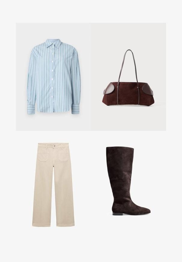 Camicia a maniche lunghe azzurro chiaro con strisce verdi verticali, apertura con bottoni davanti e polsini a strisce contrastanti. Tessuto liscio, design del colletto classico.; Pantaloni beige a gamba larga in cotone. Presentano una chiusura con zip, un bottone frontale e due tasche applicate sul retro. Orlo pulito senza decorazioni.; Stivale in suede marrone al ginocchio con una texture liscia, punta rotonda e una suola nera bassa. Design semplice senza decorazioni.; Borsa in suede marrone con dettagli in pelle, forma strutturata, doppi manici a spalla e bordi arrotondati, caratterizzata da una texture liscia e hardware minimal.