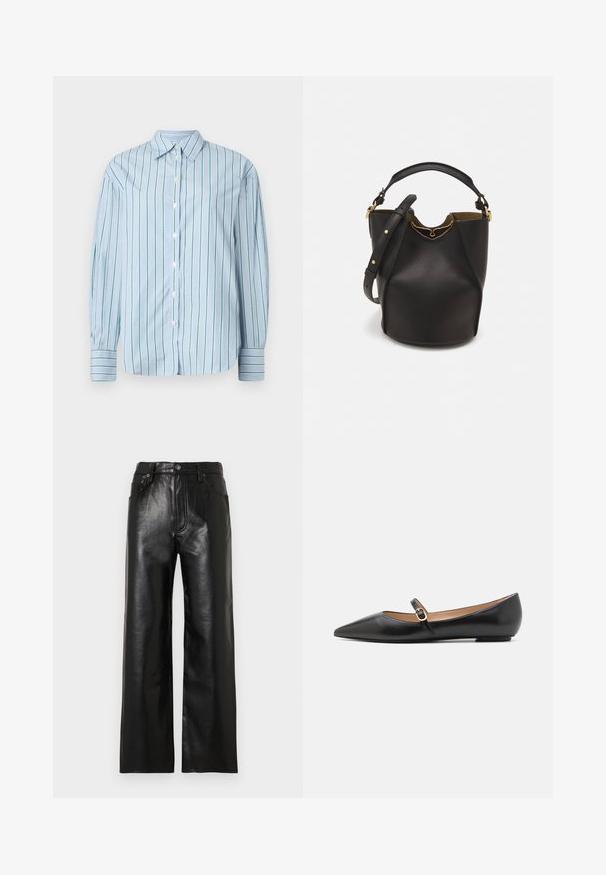 Helesin sinine pikkade varrukatega särk, millel on vertikaalsed rohelised triibud, nööpidega eesosa ja kontrastsete triibuliste mansettidega. Sile kangas, klassikaline krae disain.; Mustad läikiva viimistlusega laia säärega nahkpüksid, millel on ees taskud, lüpsi tõmblukk ja nööbiga kinnitus. Ühtlane sile tekstuur.; Musthave mustanahkased balletkingad terava varbaga ja külgrihmaga, millel on ümmargune kuldne aksessuaar. Kerged ja tasase tallaga.; Mustast nahkämbriga kott tekstuurses viimistluses, kuldsete metalldetailide aktsentidega ja avatud ülaosaga. Omab lühikest käepidet ja reguleeritavat õlavarre rihma.