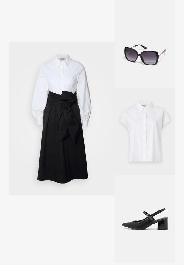 Bijela košulja kratkih rukava od lagane tkanine, s prednjim kopčanjem na dugmad i suptilnim cvjetnim vezom po cijeloj površini.; Bijela košulja dugih nabranih rukava, uparena s crnom suknjom i pamučnim remenom zavezanom u struku, izrađena od glatkog pamučnog materijala.; Crne lakirane slingback visoke potpetice s šiljastim vrhom, zaobljenim izrezom i blok potpeticom. Sadrži akcent zlatnog tona s kopčom.; Crne prevelike sunčane naočale s gradijentnim lećama, debelim okvirom i zlatnim lancem kao detaljem na krakovima.; Crna torba s oblikom koji sadrži strukturu, glađu teksturu i metalnu kopču. Uparena s širokim crnim hlačama i sandalama na otvorenom s drvenog poda.