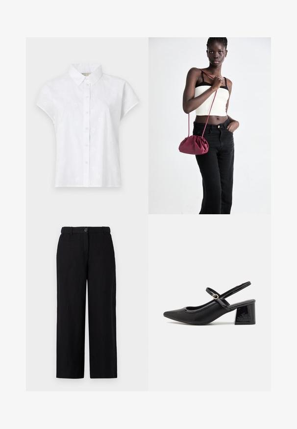 Cămașă albă cu mânecă scurtă, confecționată dintr-un material ușor, având un design cu nasturi în față și modele discrete de broderie florală pe întreaga suprafață.; Pantaloni negri cu picioare largi, realizati dintr-un material usor, avand o inchidere cu buton in partea din fata si bucle pentru curea. Textura neteda, fara modele vizibile.; Cizme cu toc slingback din piele sintetică lacuită neagră, cu vârful ascuțit, un design cu decupaj rotunjit și toc bloc. Include un accent cu cataramă de culoare aurie.; Geantă dintr-un material moale de culoare burgundă, cu un design plisat și o curea lungă, purtată pe umăr. Modelul poartă un top alb scurt și blugi negri.