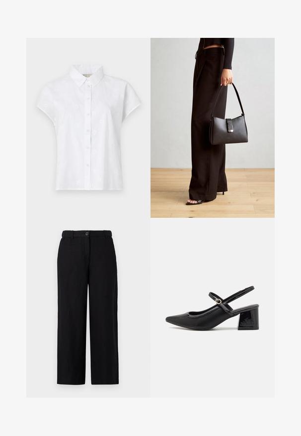 Fehér, rövid ujjú ing, könnyű anyagból készült, gombrészes elülső részével és finoman hímzett virágmintákkal.; Fekete, bő szárú nadrág könnyű anyagból, elöl gombos záródással és övhurkokkal. Simább textúrájú, látható minták nélkül.; Fekete lakk bőr, pántos magassarkú cipő, hegyes orral, lekerekített kivágással és tömbsarkal. Arany színű csat díszíti.; Fekete kézi táska strukturált formával, sima textúrával és fémből készült záródással. Széles fekete nadrággal és nyitott orrú szandállal párosítva, fából készült padlón.