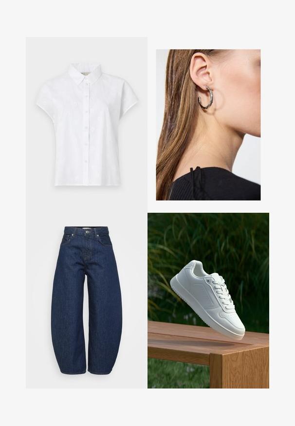 Camisa branca de manga curta feita de um tecido leve, com um fecho de botões na frente e padrões sutis de bordado floral por todo o lado.; Jeans de ganga azul escura de cintura alta, com pernas largas, fecho frontal por botão e zipper, e design clássico de cinco bolsos.; Sapatilha branca com um cabedal sintético liso, caixa dos dedos perfurada, atacadores planos e uma sola texturizada, exposta sobre uma superfície de madeira.; Brinco de argola prateada com acabamento polido, apresentando pequenos detalhes em dourado e uma forma redonda, usado na orelha.
