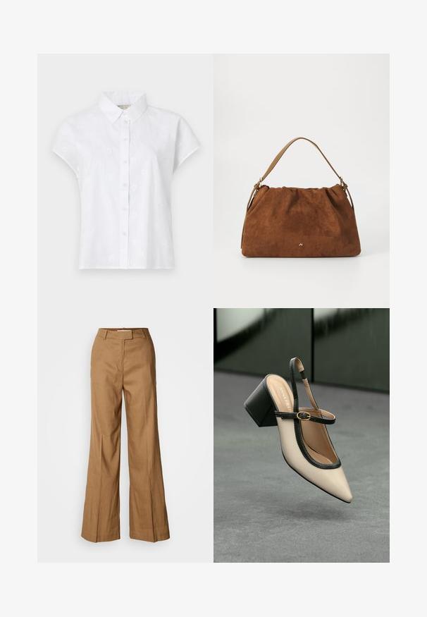Camisa blanca de manga corta hecha de una tela ligera, con un cierre de botones en la parte delantera y sutiles patrones de bordado floral en toda la prenda.; Pantalones de pierna ancha marrones, confeccionados en una tela ligera. Cuentan con un frente plano, pasadores para cinturón y una silueta ajustada con un corte a la altura del tobillo.; Zapato beige de tacón alto con tira trasera, puntera puntiaguda, ribete negro y detalle de hebilla. Material liso con acabado mate y tacón medio tipo bloque.; Bolso de ante marrón con un diseño fruncido, que cuenta con una sola correa de piel marrón y un sutil detalle del logo dorado en la parte frontal.