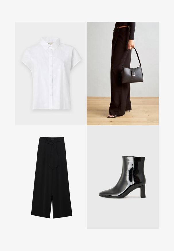 Camisa blanca de manga corta hecha de una tela ligera, con un cierre de botones en la parte delantera y sutiles patrones de bordado floral en toda la prenda.; Pantalones de pierna ancha negros con un tejido texturizado, una cinturilla elástica y un lazo desmontable en la cintura para un ajuste ajustable.; Botín de charol negro con punta afilada y un tacón de bloque de altura media. Textura suave y diseño minimalista.; Bolso negro con forma estructurada, textura suave y un cierre metálico. Combinado con pantalones anchos negros y sandalias de dedo en un suelo de madera.