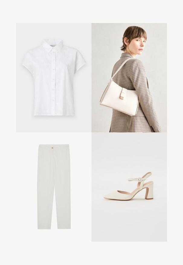 Biela košeľa s krátkym rukávom vyrobená z ľahkého materiálu, s gombíkovou légou a jemnými kvetinovými výšivkami po celom povrchu.; Biele, priliehavé nohavice s rovnými nohavicami, so zapínaním na gombík, pútkami na opasok a bočnými vreckami; hladká textúra látky.; Členkové lodičky v krémovej farbe s podpätkom v tvare bloku. Majú tenký remienok okolo členka s okrúhlou prackou a hladkú koženú textúru.; Biely kožený kabelka so štruktúrovaným dizajnom, s magnetickým uzáverom a ramenným popruhom, vystavená na neutrálnom pozadí.