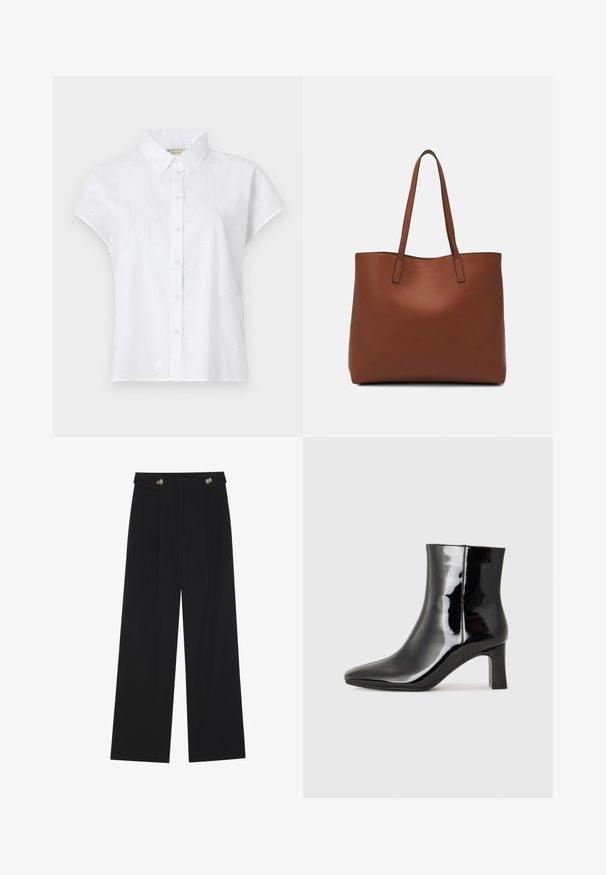 Bela kratka majica s kratkimi rokavi, izdelana iz lahkega materiala, z gumbnim zapiranjem spredaj in subtilnimi cvetličnimi vezeninami po celotni površini.; Črne široke hlače s visokim pasom, gumbnimi detajli na pasu in sprednjimi gubami.; Črne lakirane gležnjarje z ošiljenim nosom in srednje visokim blokastim peto. Gladka tekstura in minimalističen dizajn.; Rjava usnjena torba z gladko teksturo, odprto zasnovo zgoraj in dvema naramnima trakovoma. Opremljena je z minimalnim šivanjem in brez vidnih kovinskih delov.