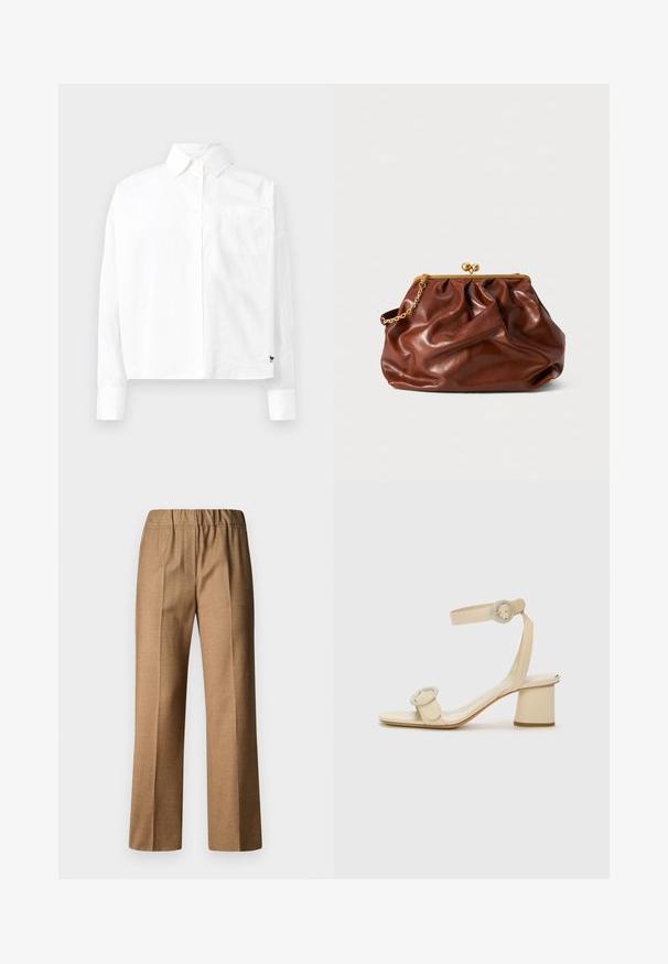 Cămașă albă cu mâneci lungi, cu guler pointat, un singur buzunar pe piept și manșete la încheietură. Fabricată dintr-un material neted și ușor.; Pantaloni texturați de culoare maro, cu o croială relaxată, cu picioare largi și un talie elastică. Design ajustat cu pliuri în față.; Sandi cu toc înalt bej, cu un design minimalist, având două accente circulare și un toc gros. Realizate din piele netedă.; Plică din piele maro cu ramă aurie și mânere scurte din lant auriu, având o textură moale, pliată pe un fundal alb.