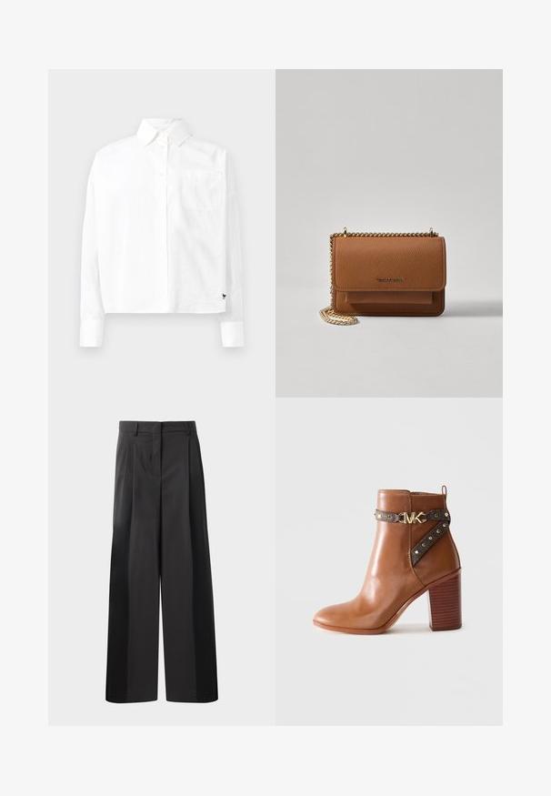 White long-sleeve button-up shirt with a pointed collar, single chest pocket, and cuffed sleeves. Made of smooth, lightweight fabric.; Black wide-leg trousers with a high waist, featuring front pleats, a smooth texture, and a tailored finish. Designed for a relaxed fit.; Brown leather ankle boot with stacked block heel, side strap featuring gold studs and a gold "MK" logo buckle.; Brown textured leather crossbody bag with gold chain strap and flap closure. Front features logo detail and a pocket under the flap.