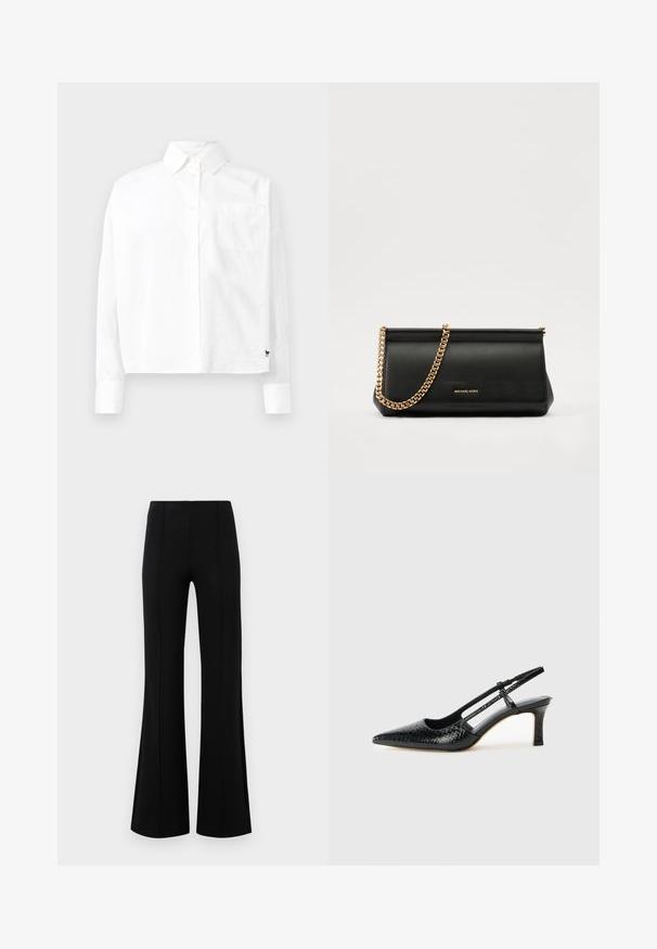 White long-sleeve button-up shirt with a pointed collar, single chest pocket, and cuffed sleeves. Made of smooth, lightweight fabric.; Black flared pants with a high waist, made of stretchy fabric. Features vertical seam details on the front and a smooth texture.; Black patent slingback heel with a pointed toe, featuring textured snake print, adjustable strap, and a short, textured block heel.; Black leather clutch bag with a gold chain strap, featuring a smooth texture, rectangular shape, and embossed branding on the front.