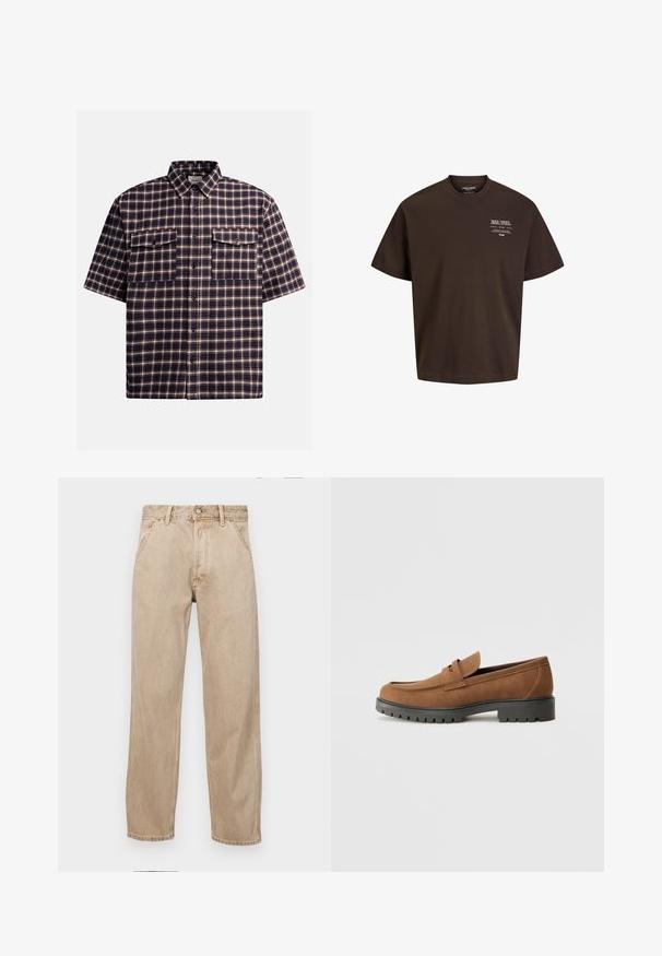 Korte mouwen geruite shirt in donker marineblauw en bordeaux, met een geblokt patroon, twee borstzakken en een knoopsluiting aan de voorkant.; Bruine katoenen t-shirt met een relaxed fit, korte mouwen en een wit bedrukt logo op de borst. Eenvoudig ontwerp, geen extra versieringen.; Beige denim jeans met een recht gesneden ontwerp, voorzien van voorzakken, een metalen knoopsluiting en een subtiele textuur.; Bruine suede instappers met een ronde neus en een lage zwarte rubberen zool, met een decoratieve band en stiksel details op het bovenwerk.