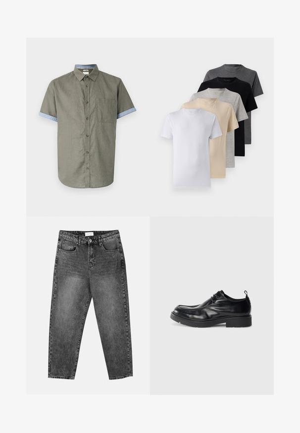 Žalios olivinės spalvos trumpas rankovėmis marškinėliai su krūtinės kišene ir šviesiai mėlynais apykaklės ir rankovių kraštais. Turi rudus mygtukus ir kreivą pabaigą.; Penki trumpomis rankovėmis marškiniai, baltos, smėlio, šviesiai pilkos, tamsiai pilkos ir juodos spalvų. Pagaminti iš švelnaus medvilnės, suapvalinto kaklo dizainu.; Juodos plačios tiesios kojų džinsai su priekinėmis ir galinėmis kišenėmis, dirželių kilpomis ir sagčių uždarymu klubų srityje.; Juodų odinių batų su suapvalintu nosiu, su raišteliais priekyje ir dekoratyvine siūle. Juose yra storas, tekstūruotas guminis padas ir pakeliamoji juostelė.