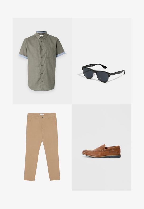 Kortermet skjorte i olivengrønn stoff med brystlomme og lyseblå kragekanter. Har brune knapper og en buet kant.; Khaki chinos laget av en bomullsblanding, med flat front, to sidelommer og en baklomme. Lett stoff med en glatt tekstur.; Brune skinnloafers med rund tå, broderte detaljer og såle i gummi. Designet har et bånd over vristen.; Sorte solbriller med rektangulær form, mørke linser, sølvfargede detaljer ved templene, og en matt finish på rammen.