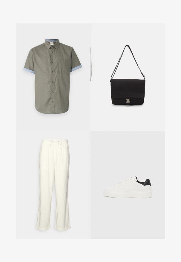 Camisa de manga curta em tecido verde-oliva com um bolso no peito e punhos de colarinho azul claro. Possui botões castanhos e uma bainha curved.; Calças de linho em off-white com um cós elástico, pernas ligeiramente largas e acabamentos dobrados para um ajuste descontraído. Sem bolsos.; Sapatilhas brancas de couro com padrão em relevo, entressola texturizada branca e detalhe em preto no calcanhar. Apresentam ponta arredondada e atacadores planos.; Saco de mensageiro preto feito de material liso, apresentando uma aba dobrável, fechos de hardware prateados e uma alça de ombro ajustável.