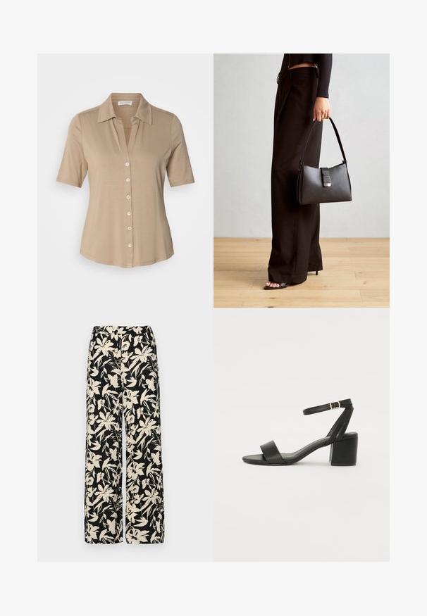 Μπλουζάκι κοντομάνικο με κουμπιά σε σκούρο μπεζ χρώμα, φτιαγμένο από μαλακό ύφασμα με κολάρο και επτά κουμπιά κατά μήκος του μπροστινού μέρους.; Μαύρο παντελόνι με φαρδιά πόδια και κρεμ σχέδιο λουλουδιών. Κατασκευασμένο από ελαφρύ ύφασμα, με μαλακή υφή και ψηλή μέση.; Μαύρη σандάλια με τακούνι, που διαθέτει πάνα λείο δέρμα στην επάνω πλευρά, ανοιχτό μπροστινό μέρος, φαρδιές μπροστινές λωρίδες και ρυθμιζόμενη λωρίδα στον αστράγαλο με χρυσή αγκράφα.; Μαύρη τσάντα χειρός με δομημένο σχήμα, λεία υφή και μεταλλικό κούμπωμα. Συνδυασμένη με φαρδιά μαύρα παντελόνια και σανδάλια ανοιχτής μύτης πάνω σε ξύλινο πάτωμα.
