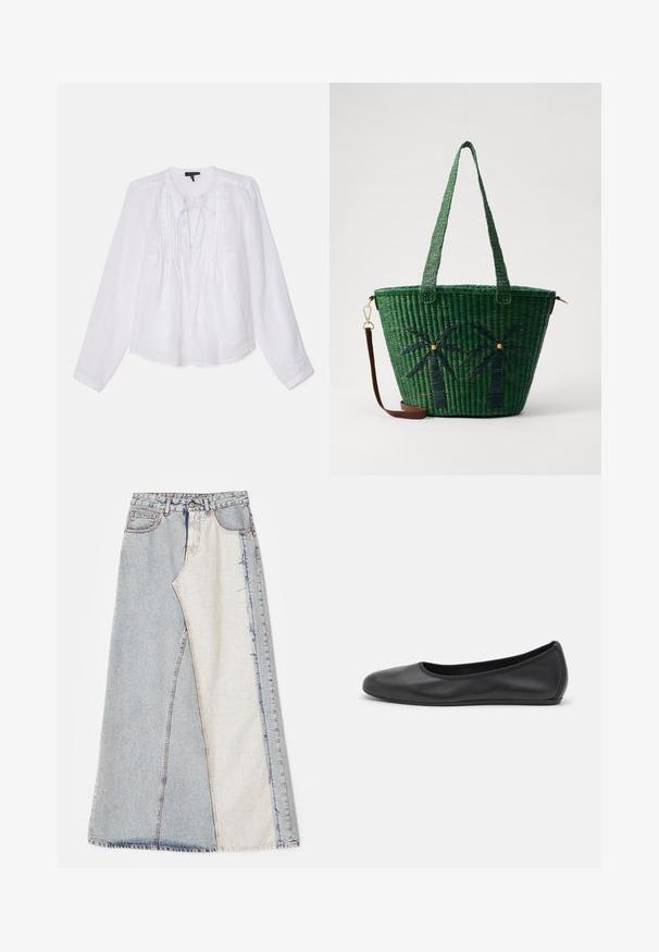 rag & bone AMARIS - Bluse - white; Jeansrock mit einem Patchwork-Design in hell- und mittelblauen Abschnitten, ausgefransten Säumen und hoher Taille. Klassischer Fünf-Taschen-Stil.; Schwarze Leder-Ballettschuhe mit abgerundeter Spitze, glatter Textur, minimalen Nähdetails und einem flexiblen Sohlen-Design.; Grüne geflochtene Tragetasche mit Palmbaumdesigns in dunklerem Grün; mit zwei Griffen und einem abnehmbaren braunen Ledertragegurt.