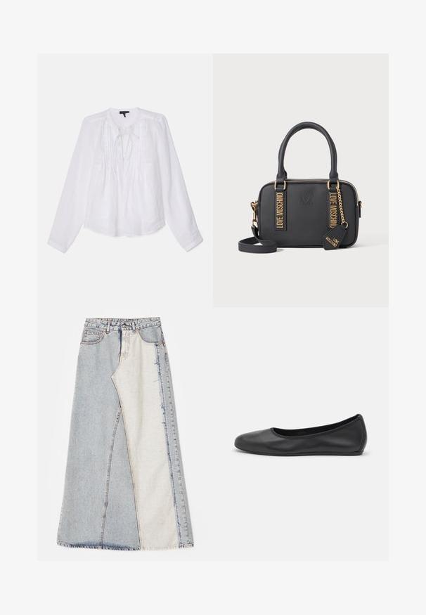 rag & bone AMARIS - Blouse - white; Jupe en denim avec un motif patchwork composé de sections bleues clair et moyen, ourlets effilochés et taille haute. Style classique à cinq poches.; Ballerines en cuir noir avec un bout rond, texture lisse, détails de couture minimalistes et design de semelle flexible.; Sac à main rectangulaire noir avec double poignées, bandoulière amovible, fermetures éclair dorées et étiquettes "Love Moschino" avec logo en relief sur le devant.