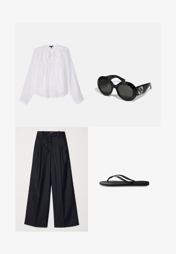 rag & bone AMARIS - Bluza - white; Crne široke hlače izrađene od glatkog materijala, s visokim strukom, nabranim detaljima i krojem po mjeri. Jednostavan crni hardver na struku.; Crne japanke s teksturiranom gumenenom potplatom, dva uska remena i suptilnim, urezanim logom na remenu.; Crne oversized sunčane naočale s glatkom, sjajnom završnom obradom, sa zelenim lećama i srebrnim isprepletenim logotipom sa strane.