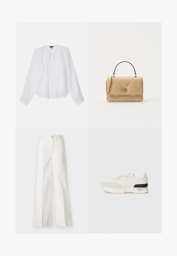 rag & bone AMARIS - Blúz - white; Fehér, bővebb nadrág, amely pamutból készült, sima textúrával. Elöl gombbal, cipzáras záródással és négy zsebes kialakítással rendelkezik.; Fehér sneaker, amelynek texturált velúr orrkáva van, sima hálós felsőrésze, díszcsipkéje, valamint fekete gumi sarok kiemelése.; Beige, steppelt bőrtáska aranyozott fémalkatrészekkel, láncos vállpánttal és felső fogantyúval. Elöl klappal és jellegzetes logó részlettel rendelkezik.