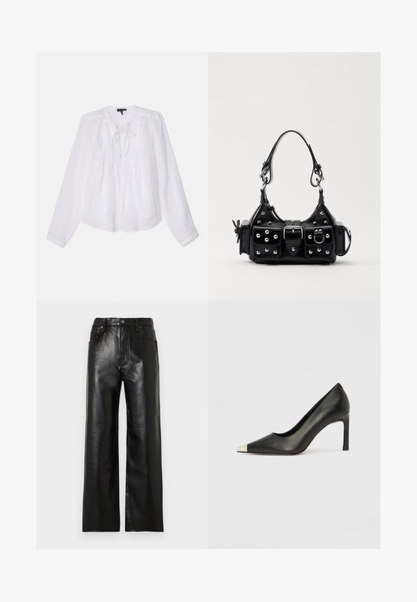 rag & bone AMARIS - Blouse - white; Pantalon large en cuir noir avec une finition brillante, doté de poches avant, d'une braguette zippée et d'une fermeture par bouton. Texture lisse sur toute la surface.; Chaussure à talon haut en cuir noir avec bout pointu et capuchon argenté métallique. Présente une finition lisse et un talon fin de 10 cm.; Sac à main en cuir noir au design courbé, avec des clous en argent, une boucle et deux poches latérales. Bandoulière réglable pour différentes options de transport.