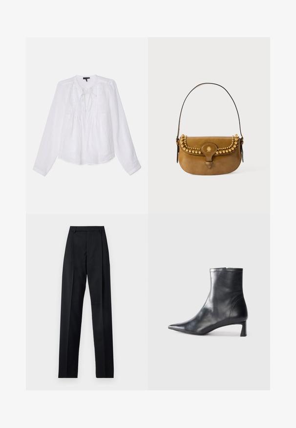 rag & bone AMARIS - Bluse - white; Schwarze Hosen aus glattem Stoff mit hoher Taille, weitem Bein, vorderen Falten und klassischen Gürtelschlaufen. Keine sichtbaren Seitentaschen.; Schwarze Lederstiefelette mit spitzer Zehe und schlankem Design. Verfügt über einen niedrigen Absatz und einen Reißverschluss hinten. Glatte Textur.; Braune Lederhandtasche mit einer geschwungenen Form, verziert mit goldenen Nieten entlang der Oberseite, einem kurzen Riemen und einem Schnappverschluss.