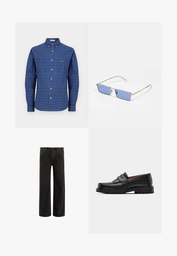Blauw geruite overhemd met lange mouwen, knoopsluiting, witte knopen en klein logo op de linkerborst. Katoenen materiaal, relaxte pasvorm.; Zwarte denims met wijde benen en een hoge taille, met een klassiek vijf zakken ontwerp en subtiele vervaging voor een textuur uitstraling.; Zwarte leren instappers hebben een verhoogde naad, twee decoratieve banden op de bovenkant en een dikke, gestructureerde zool voor extra grip.; Metalen zonnebril met een rechthoekige vorm, blauw getinte glazen en een zilveren frame. Het heeft neuskussentjes en dunne, rechte scharnieren.